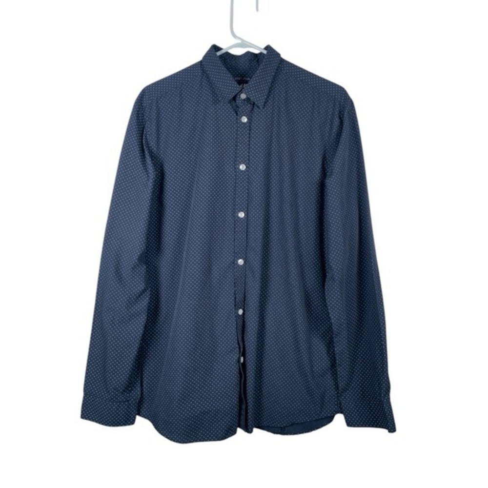 H&M Navy Blue Polka Dots Button Down Casual Shirt Size Large EUC #0789